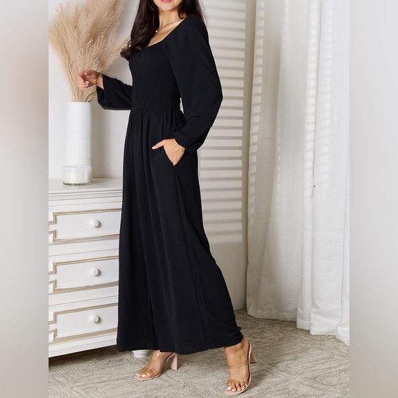 NEW Double Take Black Square Neck Smocked Long Sleeve Wide Leg Jumpsuit - Picture 7 of 9